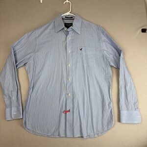 American Eagle Button Up Shirt Men XL Long Sleeve Blue White Stripe Vintage Fit